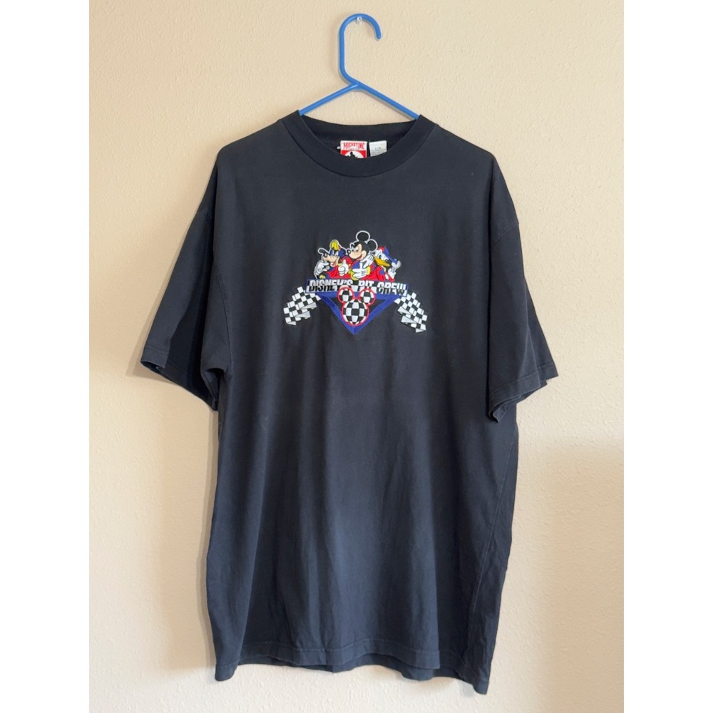 Vintage Mickey Inc Disney Pit Crew Embroidered T-Shirt Black L/XL Racing Goofy